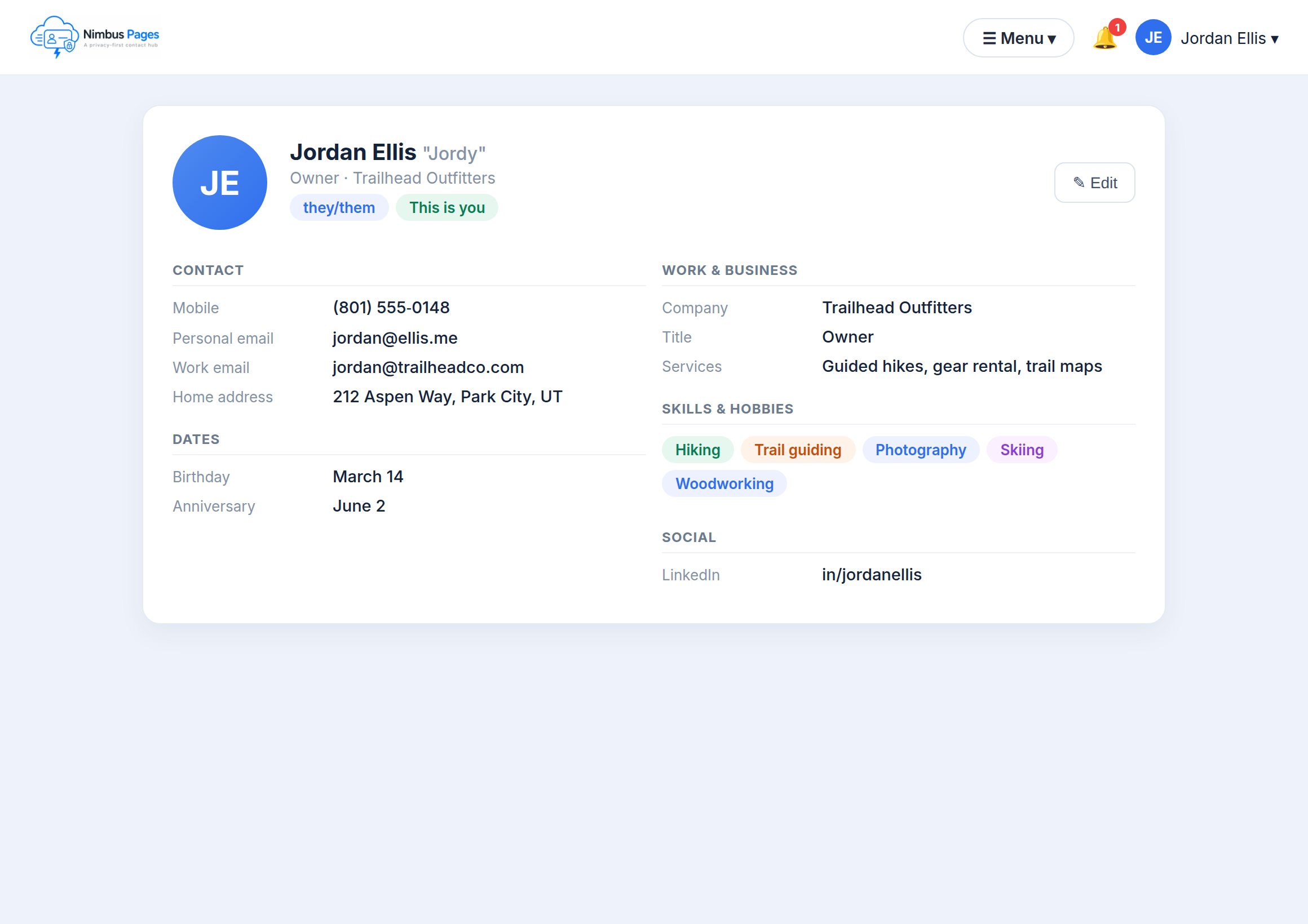 A filled demo card in view mode — the payoff shot