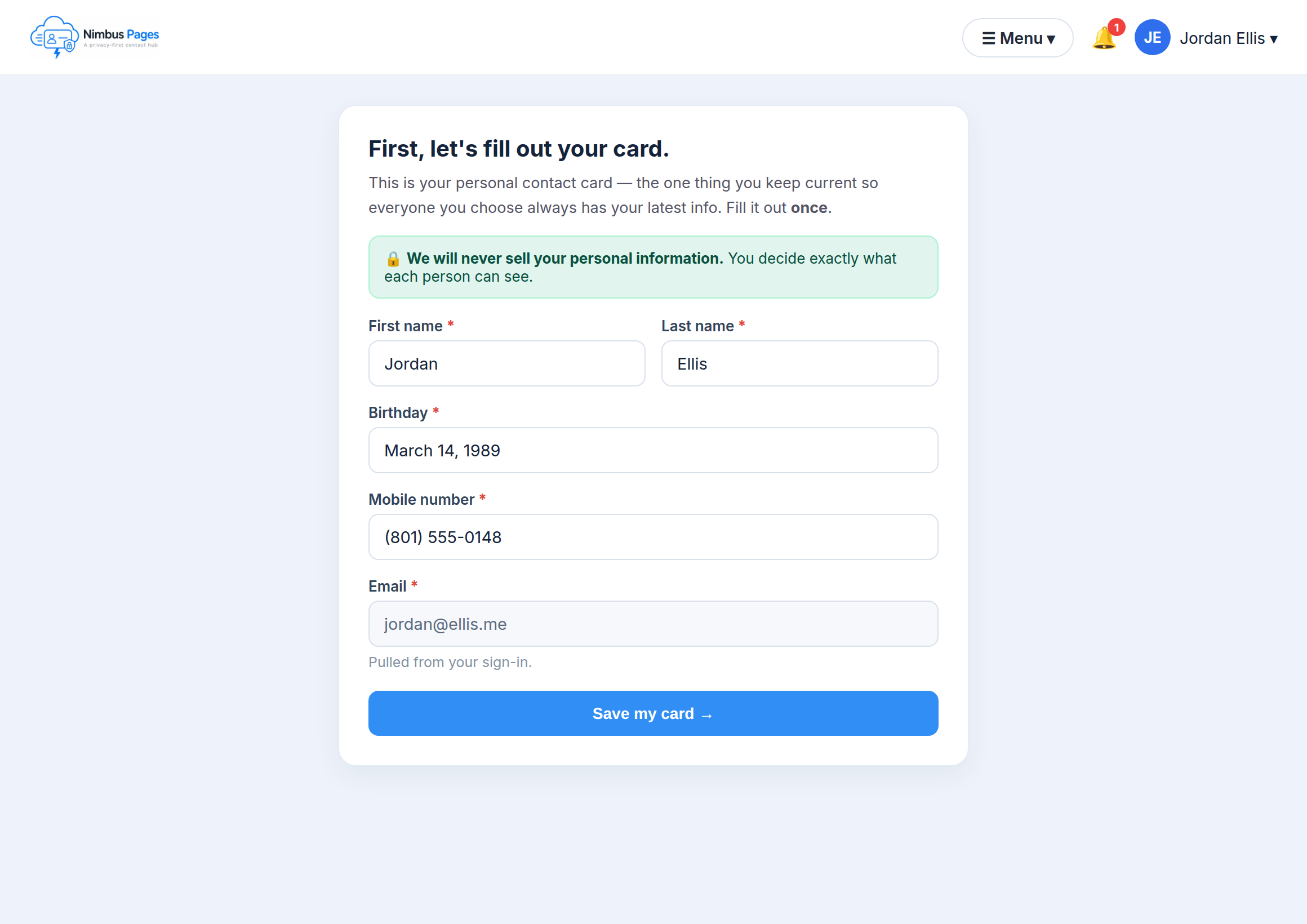 First-run welcome and the form with the five required fields