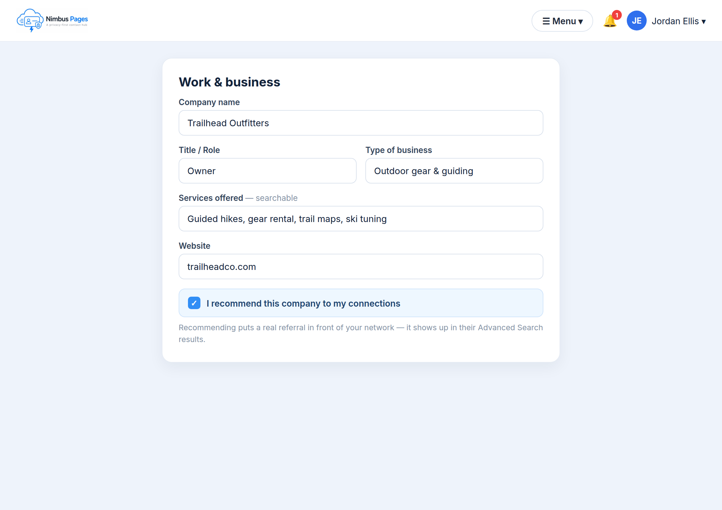 Work and business expanded — services and the I-recommend-this-company checkbox