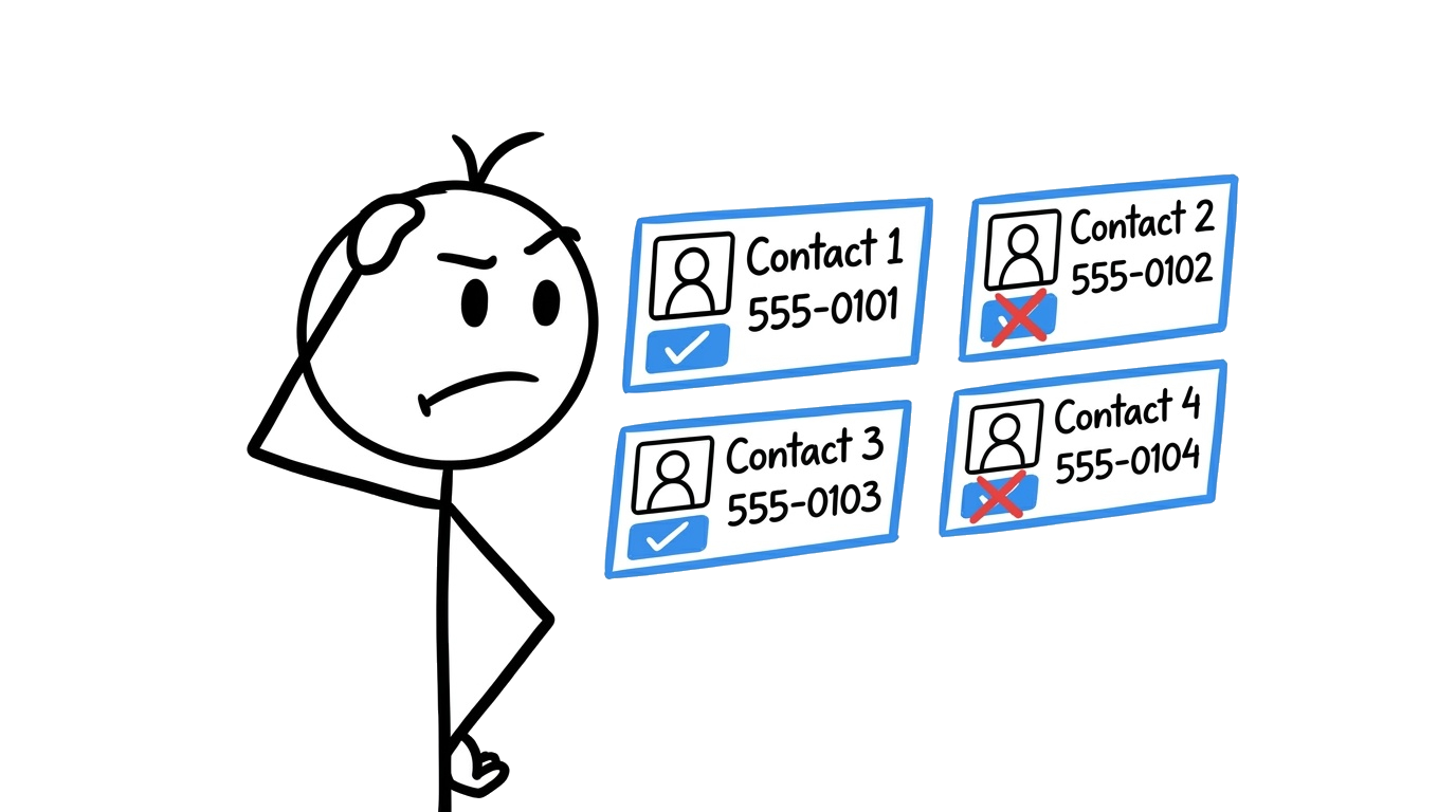 Person looking at four duplicate contact cards