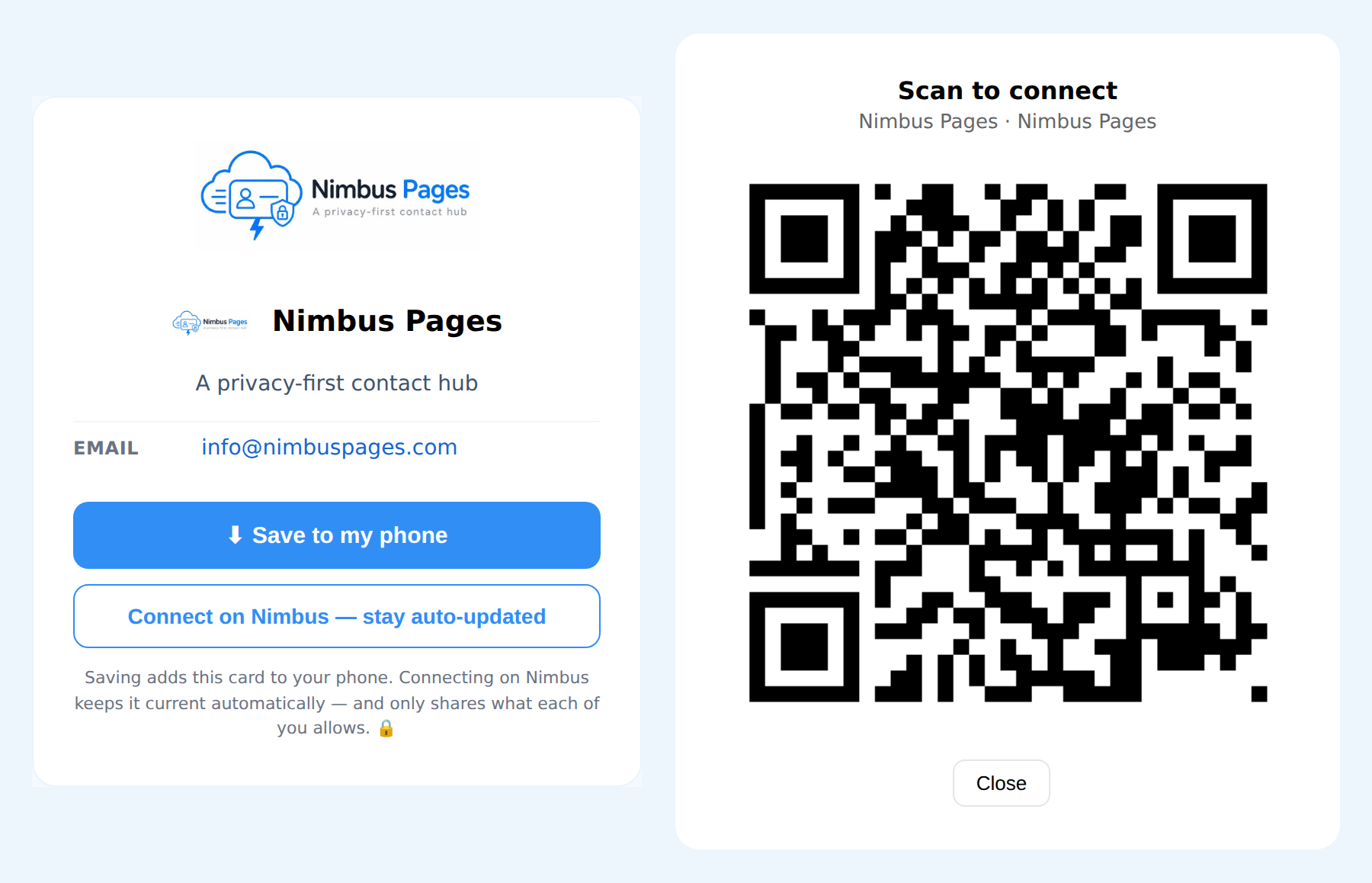 The Nimbus Pages company card with its QR code