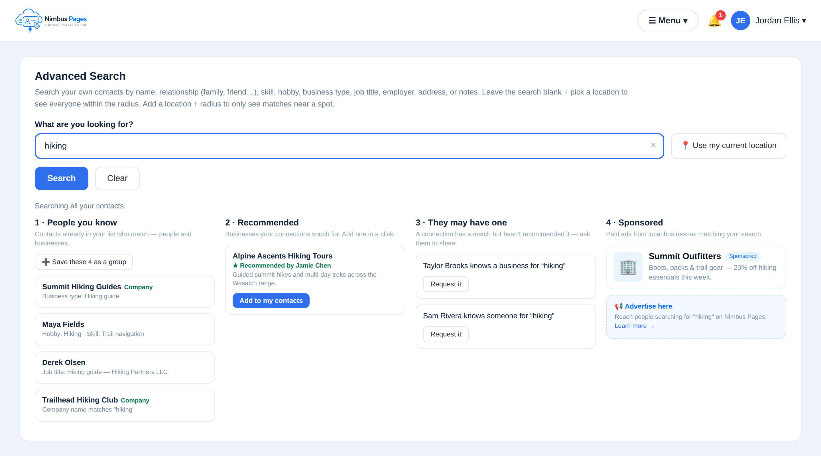 Advanced search: people, recommended, they may have one, sponsored