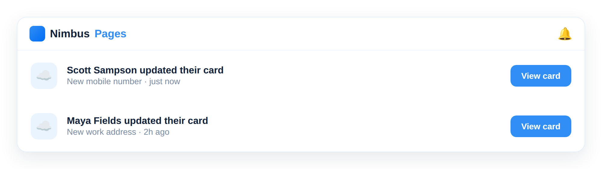 A connection receiving the card-updated notification with a View card button