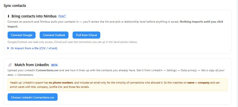 Import screen — automated connect and CSV
