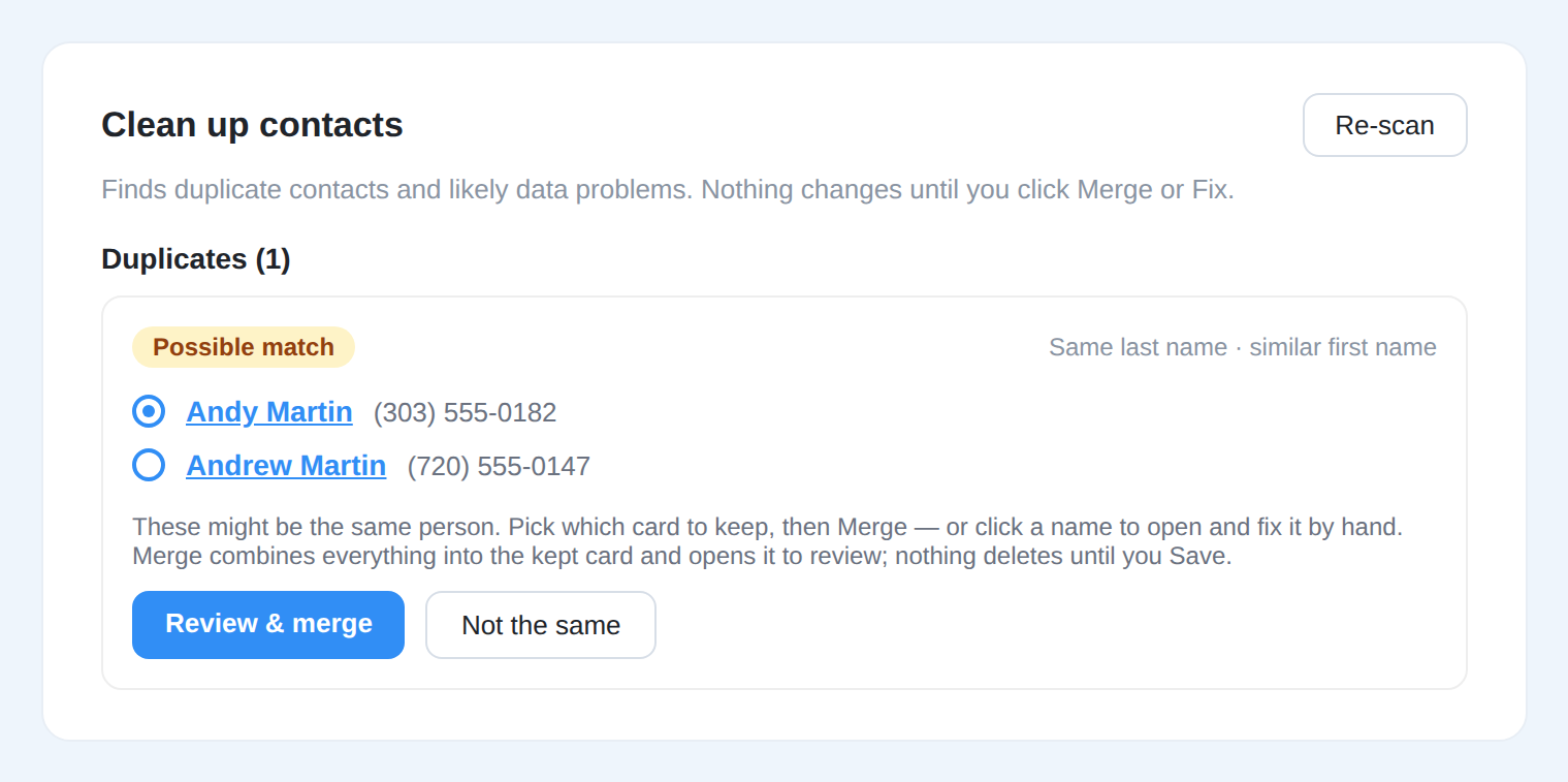 Merge review — duplicate cards side by side